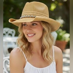 Cowboy hat with multicolor beaded band wood detail rolled brim NWT